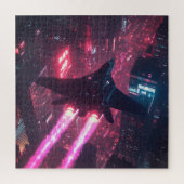 Neon Jet boven Cyberpunk City - Sci-Fi Puzzel Legpuzzel (Verticaal)