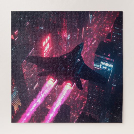 Neon Jet boven Cyberpunk City - Sci-Fi Puzzel Legpuzzel (Verticaal)