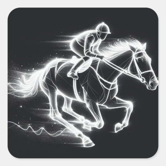 Neon Jockey Op Een Galloping Paard Vierkante Sticker (Voorkant)