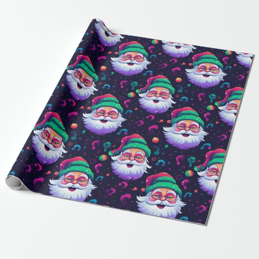 Neon Joyful Santa Pattern Cadeaupapier (Uitgerold)
