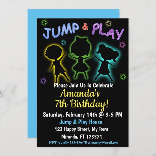 Neon Jump en Play-verjaardaguitnodiging Kaart (Voorkant / Achterkant)