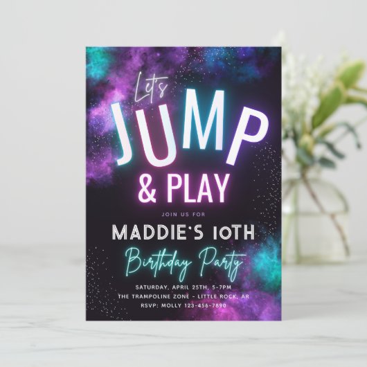 Neon Jump Uitnodiging | Trampoline-partij (Staand voorkant)