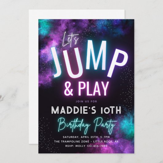 Neon Jump Uitnodiging | Trampoline-partij (Voorkant / Achterkant)