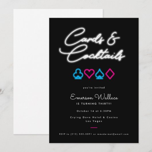 Neon Kaarten & Cocktails Birthday Party Invitation (Voorkant / Achterkant)