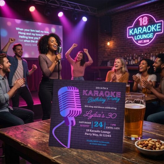 Neon Karaoke Birthday Party Microphone Square Kaart