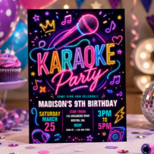 Neon Karaoke Feest Verjaardag Kaart