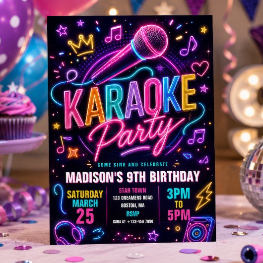 Neon Karaoke Feest Verjaardag Kaart