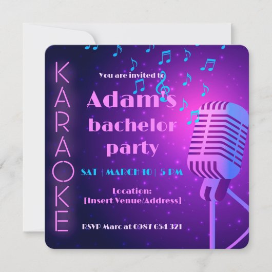 Neon Karaoke Night Bachelor Party Uitnodiging (Voorkant)