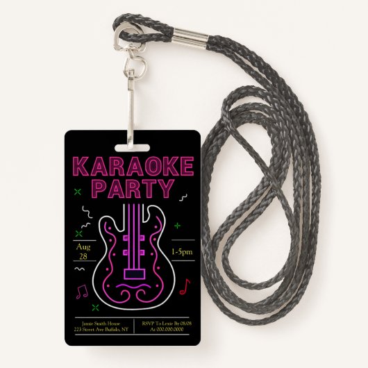 Neon Karaoke Party Badge (Voorkant met draagriem)