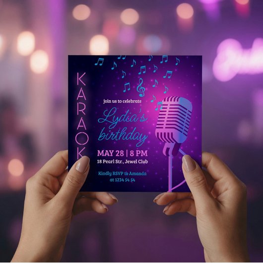 Neon Karaoke Verjaardagsfeest Microfoon Vierkant Kaart