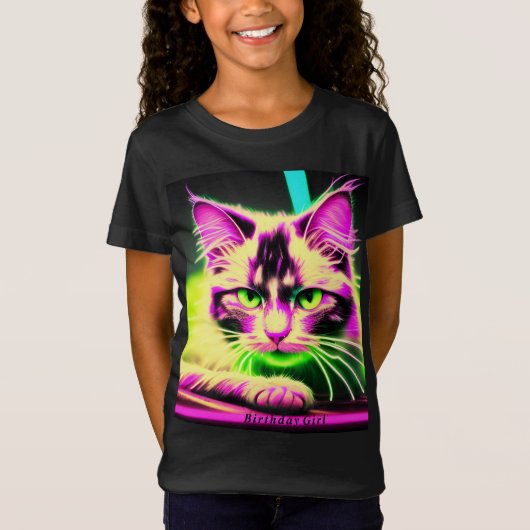 Neon kat feline fiesta tiener meisje verjaardag t-shirt (Voorkant)