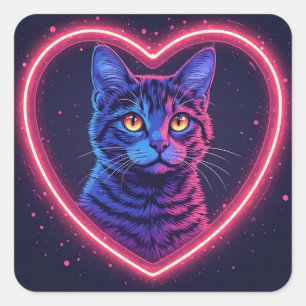 Neon Kat Hart Ontwerp – Knuffel Glimlachende Katti Vierkante Sticker