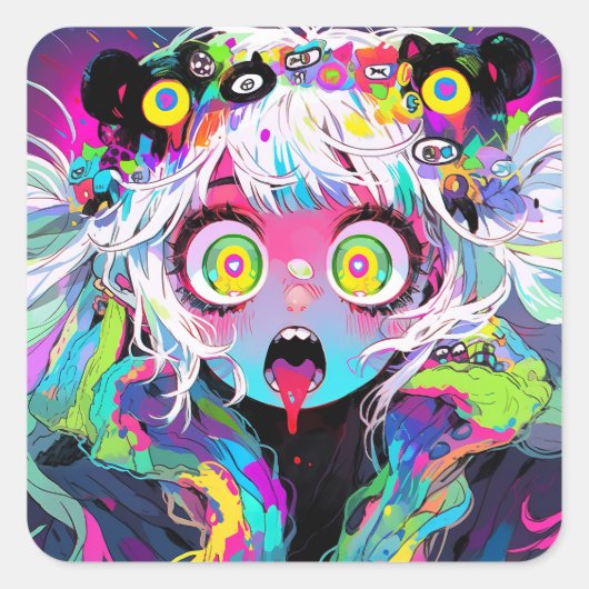 Neon Kawaii Shockwave: psychedelische anime Vierkante Sticker (Voorkant)