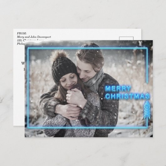 Neon Kerstmis Blauwe Foto Feestdagenkaart (Voorkant / Achterkant)