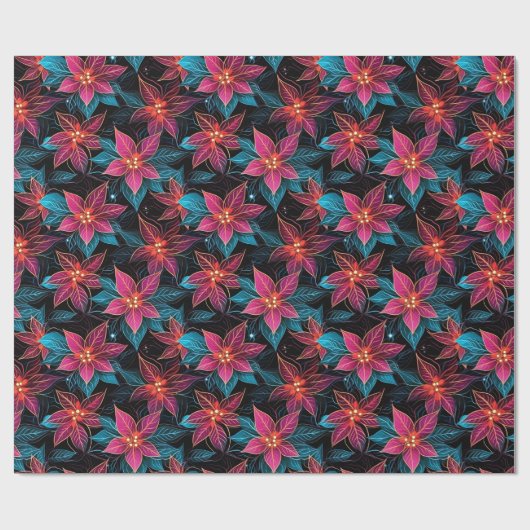 Neon Kerstmis Poinsettias Cadeaupapier (Vlak)
