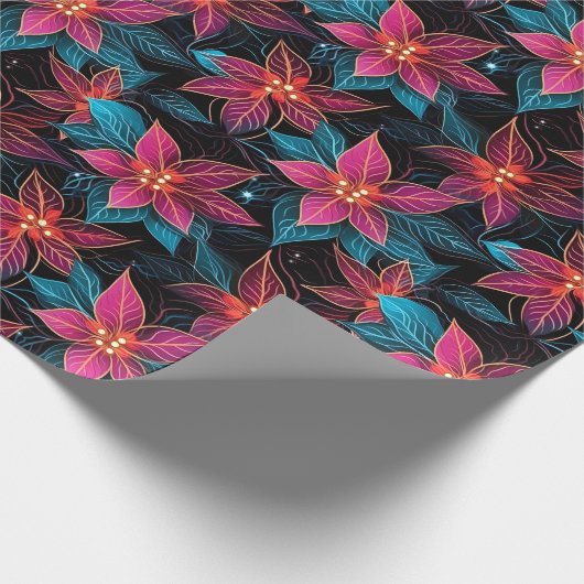Neon Kerstmis Poinsettias Cadeaupapier (Hoek)