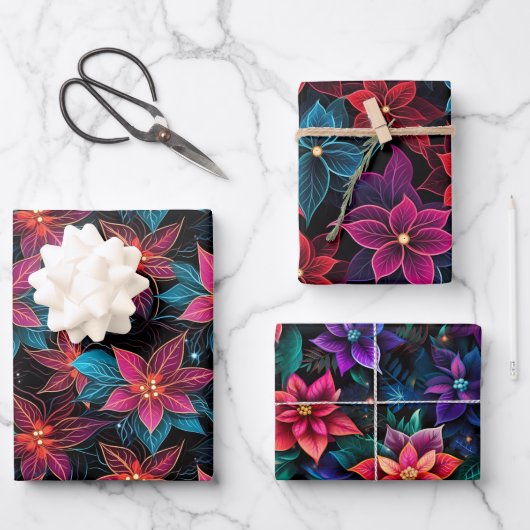 Neon Kerstmis Poinsettias Inpakpapier Vel (Voorkant)