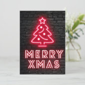 Neon Kerstmis Rode Boom Zwarte Bakstenen Muur Feestdagenkaart (Staand voorkant)