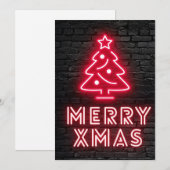 Neon Kerstmis Rode Boom Zwarte Bakstenen Muur Feestdagenkaart (Voorkant / Achterkant)