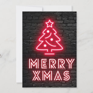 Neon Kerstmis Rode Boom Zwarte Bakstenen Muur Feestdagenkaart