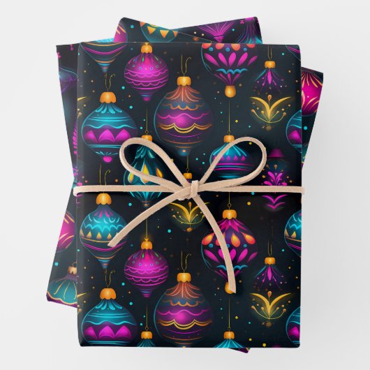 Neon kerstversieringen inpakpapier vel (In situ)