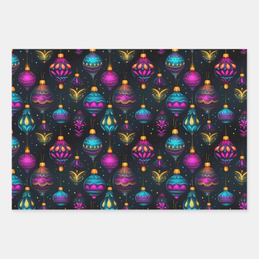 Neon kerstversieringen inpakpapier vel (Voorkant)