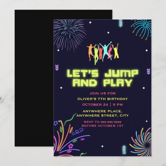 Neon kinder trampolinepark verjaardag kaart (Voorkant / Achterkant)