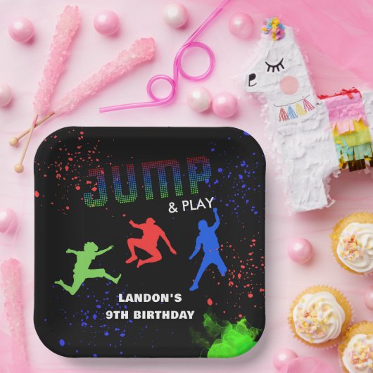 Neon Kinder Trampolinepark Verjaardagsfeest Papieren Bordje (Feest)
