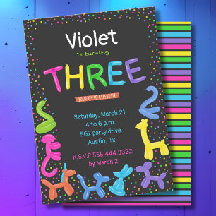 Neon kleuren dierlijke ballonnen 3e verjaardag kaart