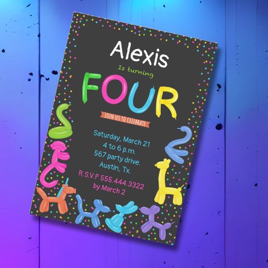 Neon kleuren dierlijke ballonnen 4e verjaardag kaart