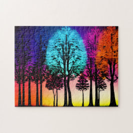 Neon kleuren Invade Silhouet Zwarte Bomen Legpuzzel