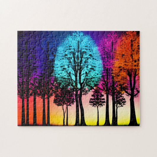 Neon kleuren Invade Silhouet Zwarte Bomen Legpuzzel (Horizontaal)