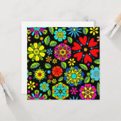 Neon Kleuren Op Zwarte Retro Bloemen Naadloos Patr Kaart (Voorkant / Achterkant in situ)