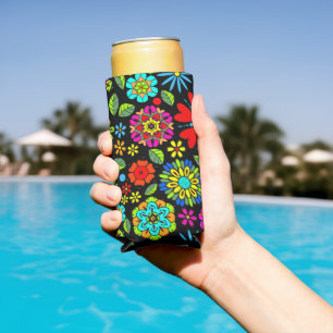 Neon Kleuren Op Zwarte Retro Bloemen Naadloos Patr Seltzer Blikjeskoeler