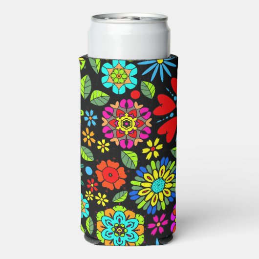 Neon Kleuren Op Zwarte Retro Bloemen Naadloos Patr Seltzer Blikjeskoeler (Seltzer Achterkant)