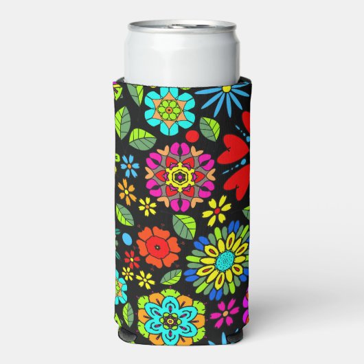 Neon Kleuren Op Zwarte Retro Bloemen Naadloos Patr Seltzer Blikjeskoeler (Seltzer Voorkant)