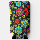 Neon Kleuren Op Zwarte Retro Bloemen Naadloos Patr Seltzer Blikjeskoeler (Voorkant)