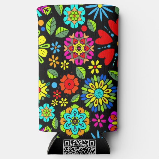 Neon Kleuren Op Zwarte Retro Bloemen Naadloos Patr Seltzer Blikjeskoeler (Voorkant)