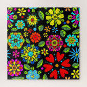 Neon Kleuren Op Zwarte Retro Bloemendecor Wederker Legpuzzel (Horizontaal)