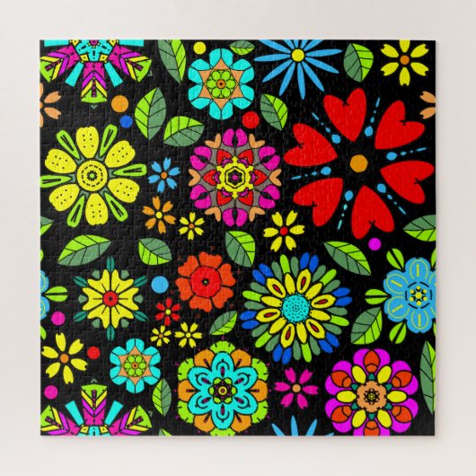Neon Kleuren Op Zwarte Retro Bloemendecor Wederker Legpuzzel (Verticaal)