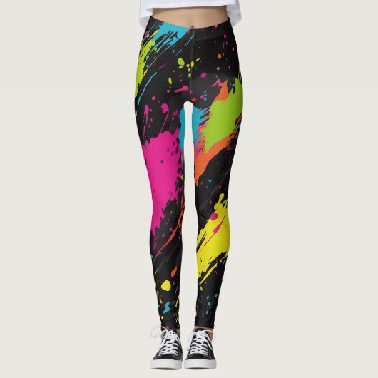 Neon Kleuren Retro Paint Splatter Leggings (Voorkant)