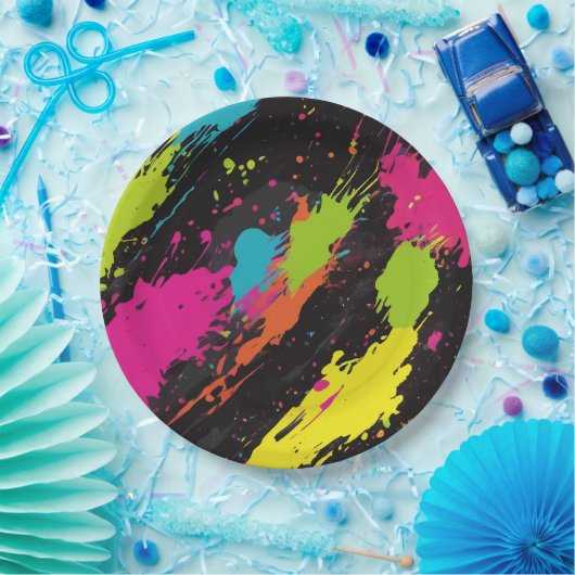 Neon Kleuren Retro Paint Splatter Papieren Bordje (Feest)