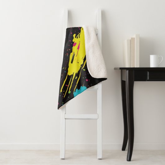 Neon Kleuren Retro Paint Splatter Sherpa Deken (In situ)