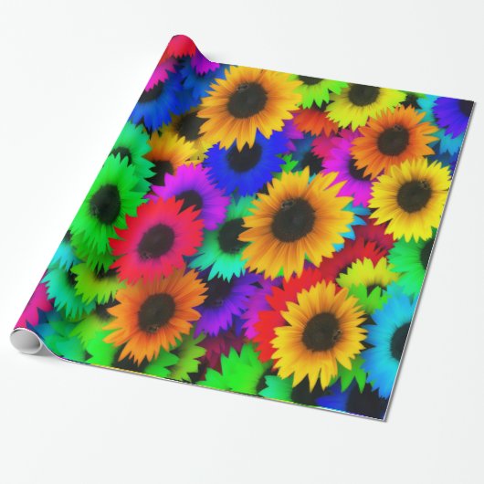 Neon Kleuren Zonnebloemen Grote Print Cadeaupapier (Uitgerold)