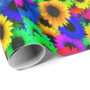 Neon Kleuren Zonnebloemen Kleine Print Cadeaupapier