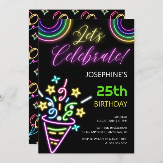 Neon Kleurrijke Glow Fun Verjaardagsfeest Kaart (Voorkant / Achterkant)