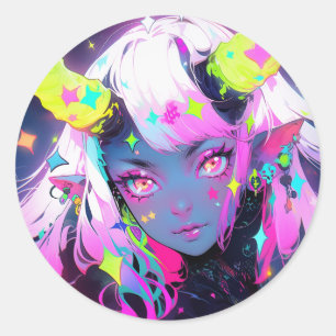 Neon Kleurrijke Kawaii Demon Anime Meisje Ronde Sticker