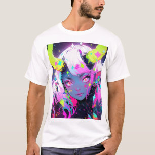 Neon Kleurrijke Kawaii Demon Anime Meisje T-shirt
