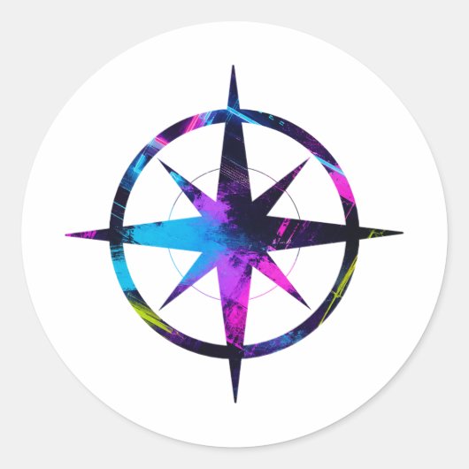 Neon Kompas Kunst Ronde Sticker (Voorkant)