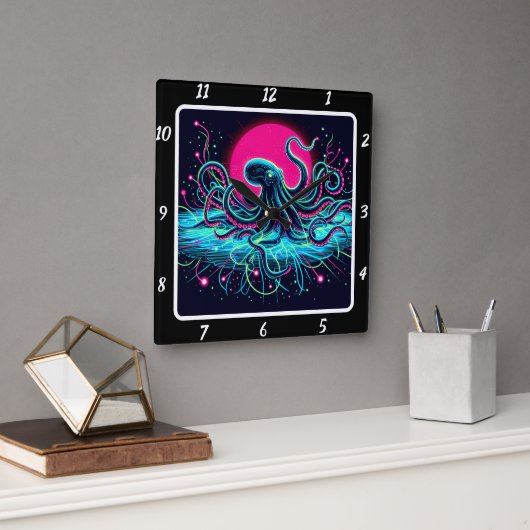 Neon Kraken Octopus Abyss Vierkante Klok (Kantoor)